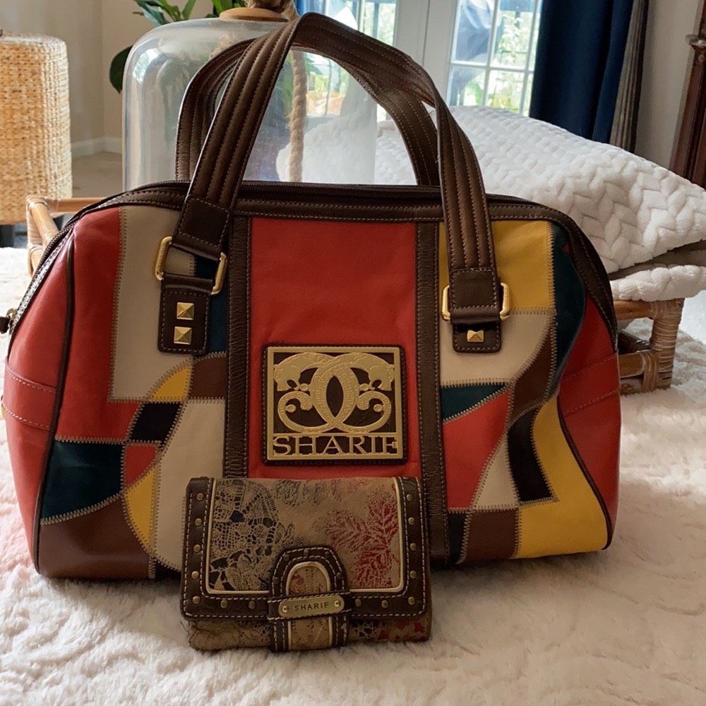 Sharif Multi Color Print Leather Bag + wallet EUC